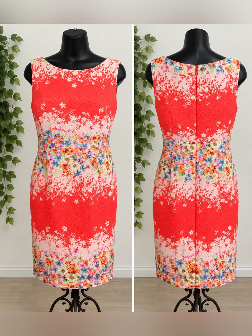 Tahari Arthur S. Levine Floral Sheath Dress Women’s Size 10 Coral Multicolor